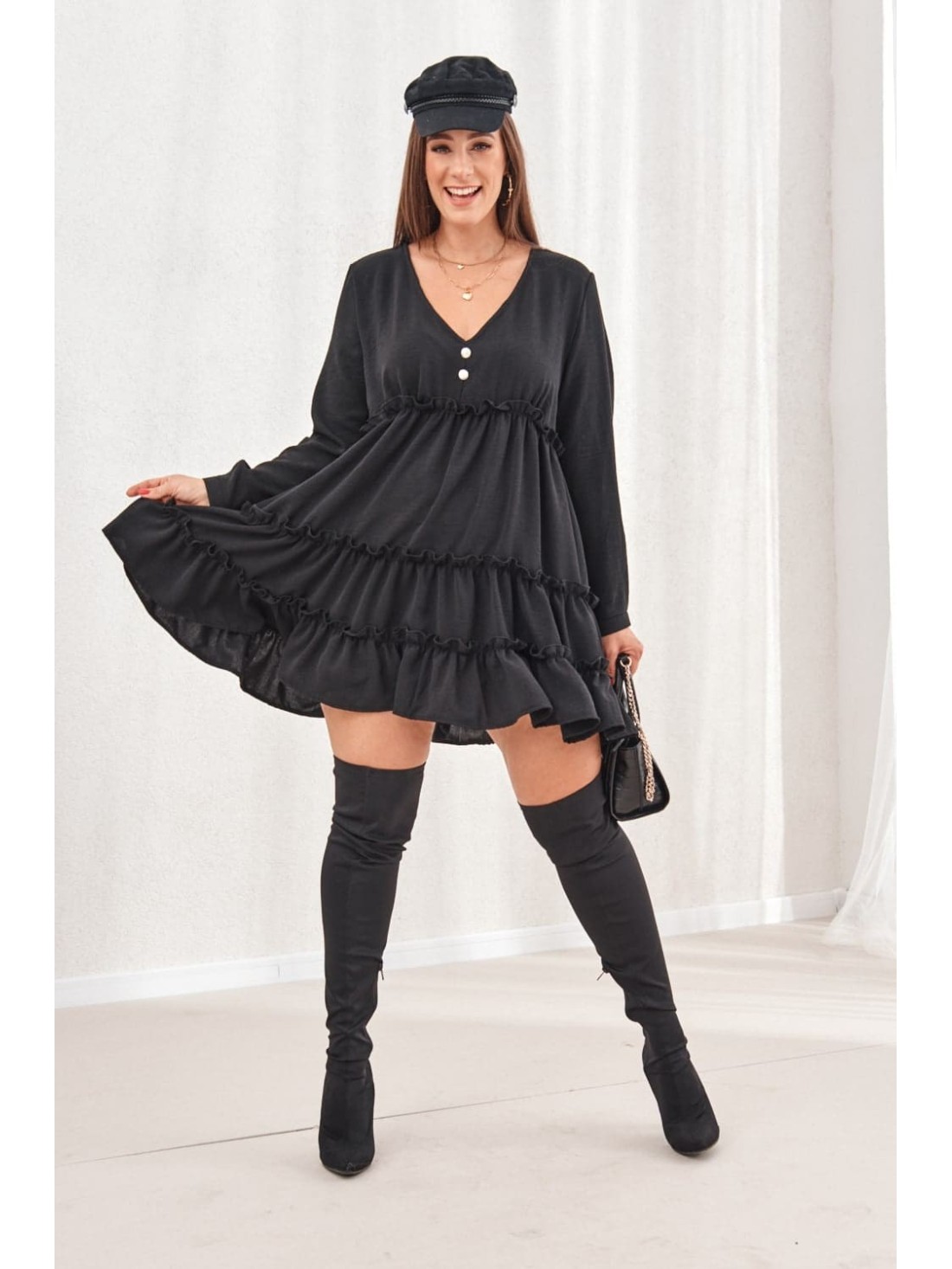 Loose-cut dress with ruffles, black 0544 - Online store - Boutique